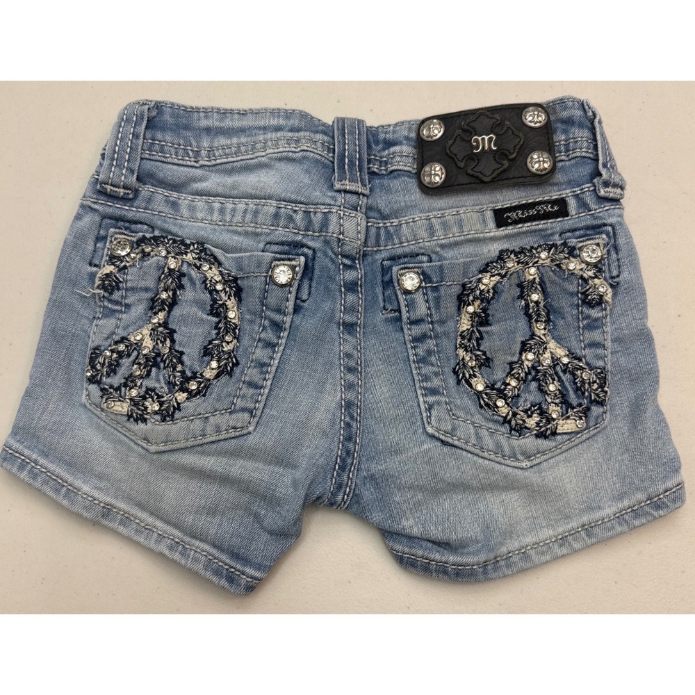 Y2K Miss‎ Me Girls Denim Shorts 8 Peace Sign Rhinestone Embellished Read